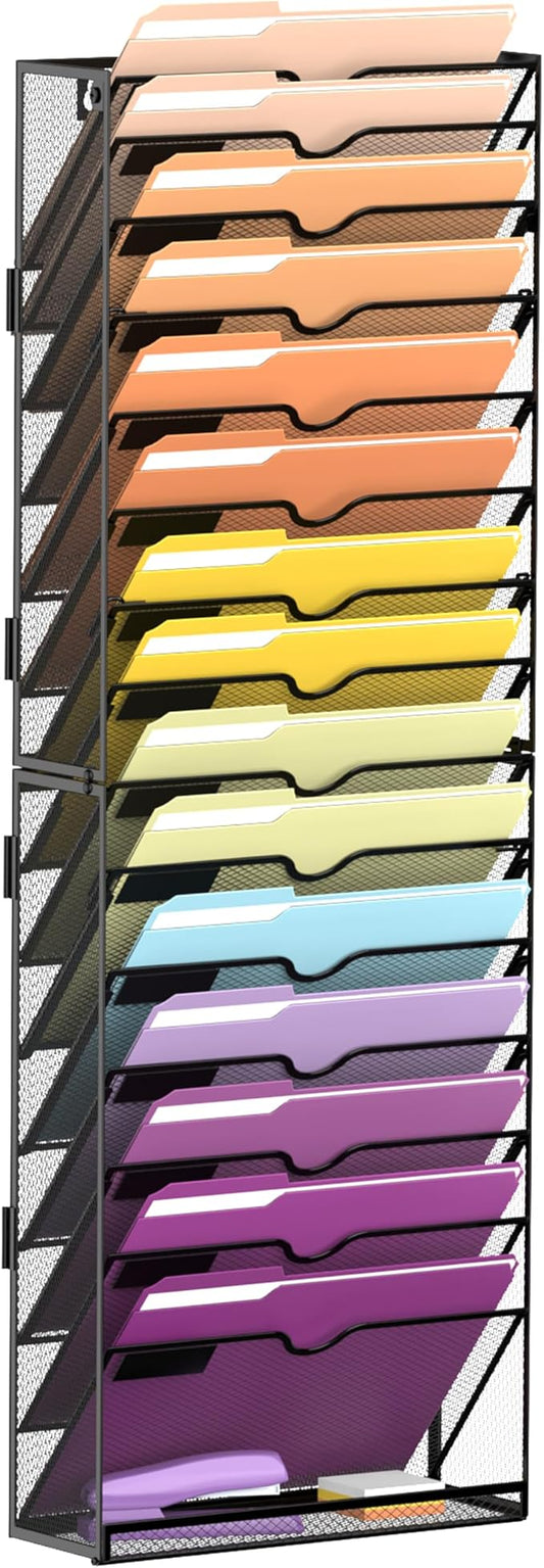 16-Tier Hanging Wall File Holder Organizer for Papers, Folders, Files Clipboard & Magazine Organization Great for Office Home, Assembly Needed, Black | Paper, Folder, Magazine Rack Great for Office Home School, Assembly Needed, Black by SUPEASY