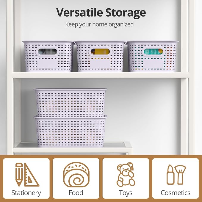 Plastic Storage Basket with Lid, Stackable Small Box Bins for Organizing and Containers for Shelves Drawers Desktop Closet Playroom Pantry Classroom Office Home, 8 Pack 10.2"x7.2"x4.1" Lavender - Image 5