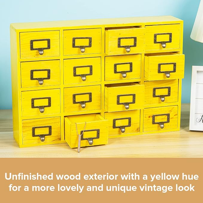Yellow 16-Slot Wooden Drawer Unit - Country Style Desk Organizer - 20"x3.6”x14” Wooden Storage Box w/ 16 Drawers - Countertop Drawers w/Label Holder & Handle - Slim 4-Level Desk Organizer - Image 5