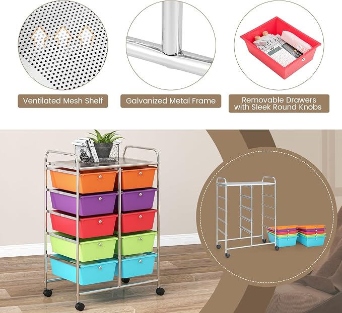 COSTWAY 10 Drawer Rolling Storage Cart, Utility Cart with Lockable Wheels | Mobile Art Supply Craft Organizer with Metal Frame, Multipurpose Drawer Cart for Paper for Office, School, Multi-color - Image 6