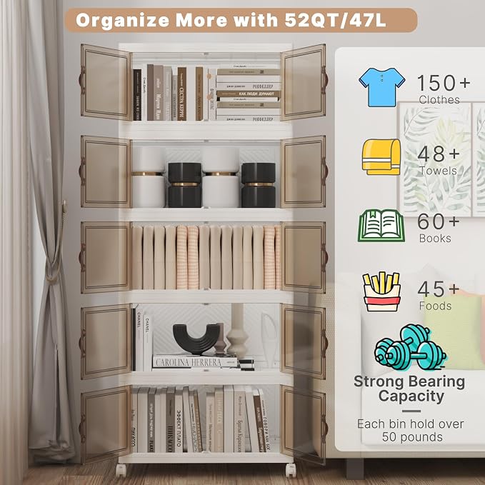 260QT Stackable Storage Bins with Lids,Doors & Wheels | Closet Organizers and Storage Cabinet, Lockable Plastic Foldable Drawers for Bedroom Dorm Office Garage（52QT*5,White） - Image 3