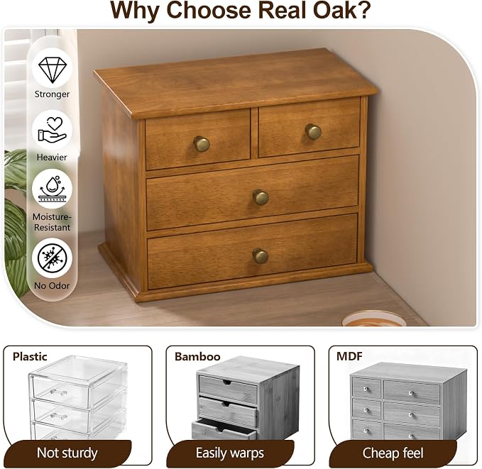 Oak Desk Organizer with Drawers, Durable Wooden Desktop Storage Box | 4 Drawer Tabletop Organizer with Metal Handles & Non-Slip Pads for Office, Bedroom, Bathroom, Vanity & Makeup Storage, Walnut - Image 3