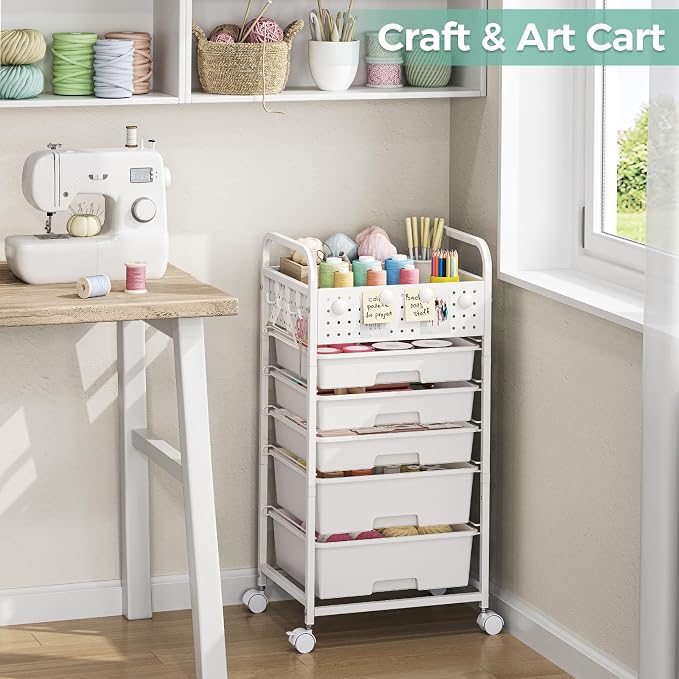 5 Drawer Rolling Storage Cart with Pegboard Top and Hooks, White | Mobile Utility Organizer with Wheels for Office Supplies, Craft Storage, Classroom Organization, Home Storage Cart - Image 7