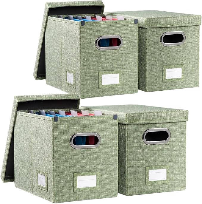File Organizer Box - Set of 4 Collapsible Decorative Linen Filing Storage Hanging File Folders with Lids Office Cabinet Letter Size Green (14x9.3x10.8 inch) by Prandom