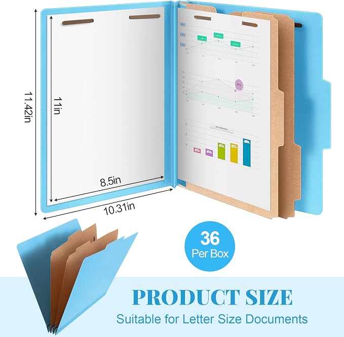 Skyygemm 36 Pcs Classification Folders Letter Size, 2 Divider Pressboard File Folders with 3. 5 Inch Expansion, 2 Prongs Fastener, Heavy Duty Office File Organizers for Teachers, Medical (Blue) - Image 2