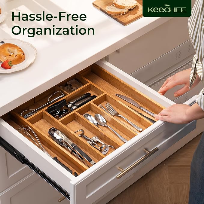 keechee Carbonized Bamboo Kitchen Drawer Organizer, 10 Slots Expandable Silverware Organizer, Utensil Holder & Cutlery Tray, 2.2" Deep for Extra Capacity, Non-Slip Feet Included - Image 9
