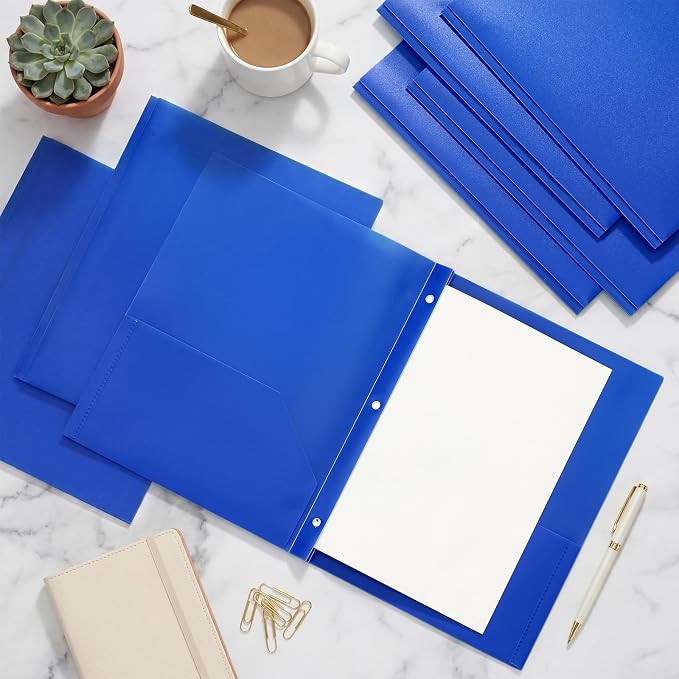 Cholemy 32 Packs Pocket Folders with Prongs Heavy Duty Plastic Folder with Business Card Slot 3 Prong Fasteners for School Office (Blue) - Image 4