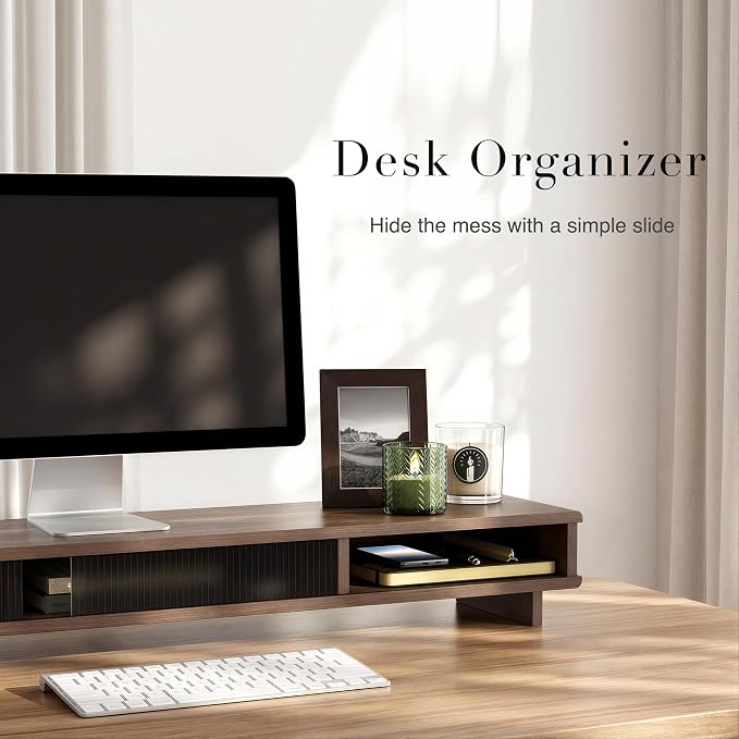 Dual Monitor Stand Riser with Storage Drawer for Desk Organization | Fits Dual 32" Monitors, Walnut Finish, Hidden Storage, Ergonomic Height, Holds 110lbs, No Flex, Quick Setup - Image 4