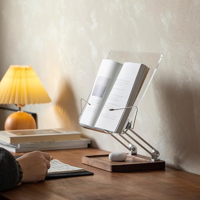 muso wood Acrylic Book Stand with Walnut Storage & Elastic Clips | Adjustable Desktop Holder, Supports Cookbooks, Magazines, Tablets and Laptops - Image 7