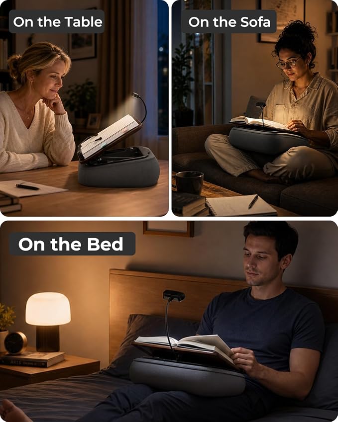 Lap Beanbag Book Stand with Storage, Adjustable Reading Pillow for Bed & Desk, Multi-Angle Book Stand Pillow Holder, Hands-Free Lap Reading Stand for Book,iPad, Tablet (Dark Wood with Light) - Image 2
