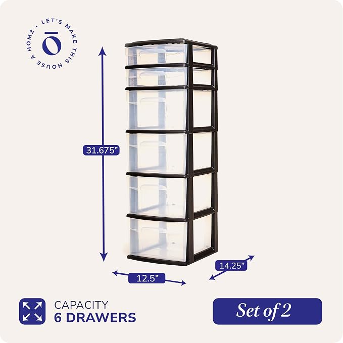 HOMZ 2-Pack Drawer Tower, 6-Tier Clear Plastic Storage Organizer Cart, Black Frame - Organizing Containers for Home, Office, Bathroom, Bedroom, and Classroom - Image 2