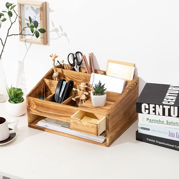 Wood Desk Drawer Organizers with File Organizer Pen holder Decor combo for Desk Organization, Office Desks, Home can arrange calculators, scissors, pens, note papers, etc. (Baked color) - Image 6