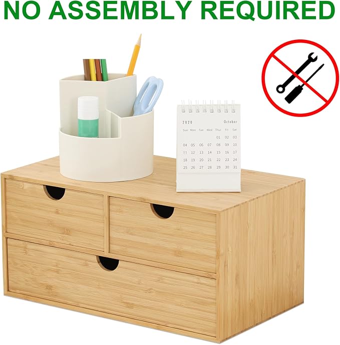 Bamboo Desk Organizer with Drawers, 3-Drawer Desktop Storage Box | 3 Drawers Open Top Tray Fully Assembled Stores Pens, Notes, Makeup, Jewelry & Toiletries for Office, Vanity & Bath - Image 4