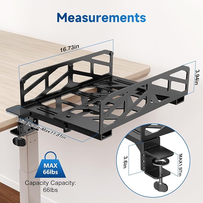 Pholiten Clamp-on Desk Extender PC Desk Mount Holder，Universal PC Wall Mount,7.28 to11.8 inch Wide Gaming Computer Case Stand，Capacity Weight 66lbs - Image 2