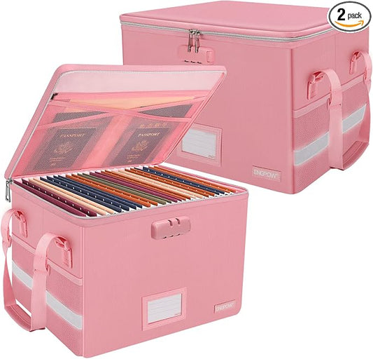 ENGPOW File Box with Lock, Fireproof Document Box with Pockets, Collapsible File Organizer Filing Storage Cabinet with Handle, Portable Home Office Safe for Hanging Letter/Legal Folders, Pink, 2 Pack by ENGPOW