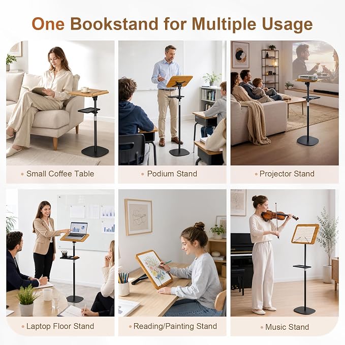 2-in-1 Floor & Desktop Music Book Stand, Adjustable Height 19.7-51.2 in | Dual-use Detachable Reading Stand, Features Storage Tray and Page Clips for Sheet Music, Laptops & Cookbooks - Image 8