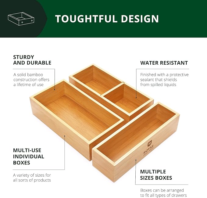 ROYAL CRAFT WOOD Luxury Bamboo Drawer Organizer Storage Box, Bin Set - Multi-Use Drawer Organizer for Kitchen, Bathroom, Office Desk, Makeup, Jewelry (3 Boxes) - Image 3