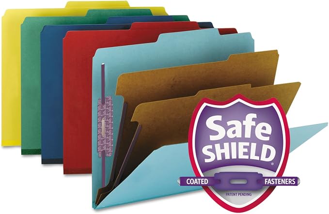 Smead Pressboard Classification File Folder with SafeSHIELD Fasteners, 2 Dividers, 2" Expansion, Letter Size, Assorted Colors, 10 per Box (14025) by SMEAD
