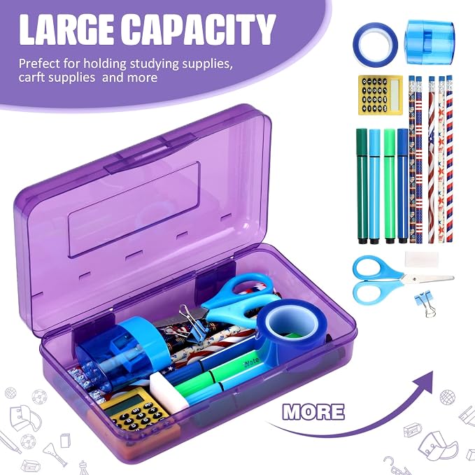 Fainne 24 Pack Pencil Boxes for School Clear Plastic Pencil Case Large Plastic Crayon Box Bulk Stackable Classroom Stationery Organizer School Supplies(Purple) - Image 4