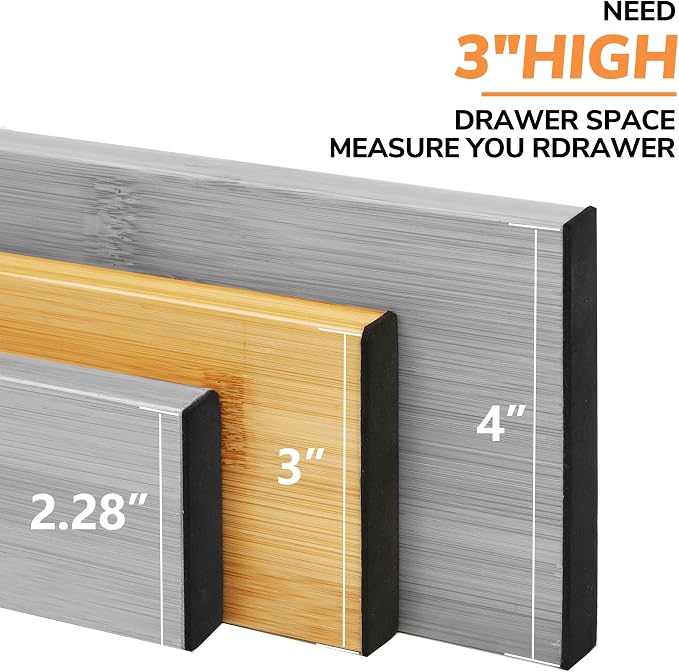 BAMEOS Bamboo Expandable Drawer Dividers – Fits 13.3"–19" Drawers, 3" Deep Walls, Set of 4 | Spring-Loaded Separator for Deep Kitchen & Bathroom Drawers, Prevents Items Falling Over - Image 3
