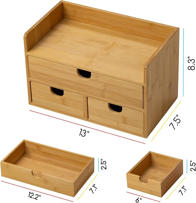MEEDEN Bamboo Desk Organizer with Drawers: Desktop Storage Container with Shelf - Tabletop Storage Organization Box for Office Home Toiletries Supplies - Image 3
