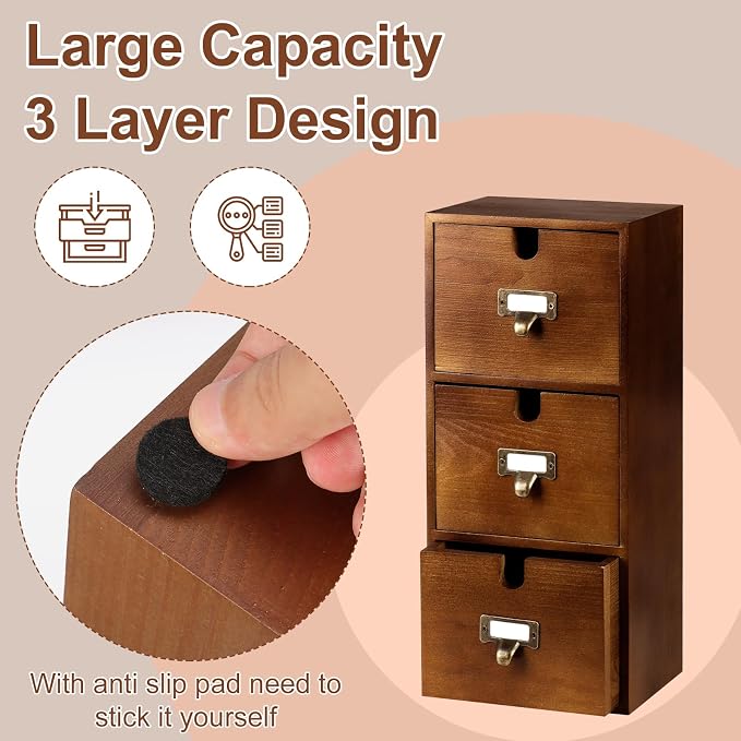 3 Tier Index Card Holder 3x5 Wooden Card Catalog Box with 3 Drawers Brown Index Card Storage Box Flash Card Holder 25 Index Card Dividers 2 Letter Smile Stickers for Office - Image 6