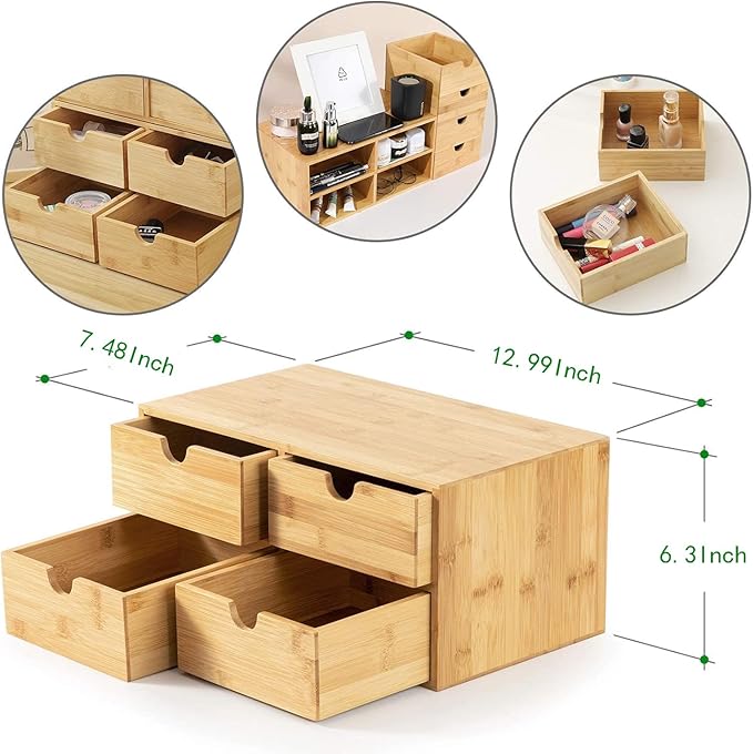Bamboo Desk Drawer Organizer, Desktop Organizer with Drawers T(4 Drawes) | 4 Drawers Open Top Tray Fully Assembled Stores Pens, Notes, Makeup, Jewelry & Toiletries for Office, Vanity & Bath - Image 3