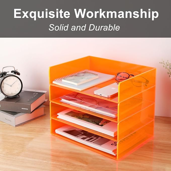 Gelite Acrylic File Organizer for Desk 4 Tiered Stackable Letter Tray Office Paper Storage Desktop Document Sorter, Neon Orange - Image 7