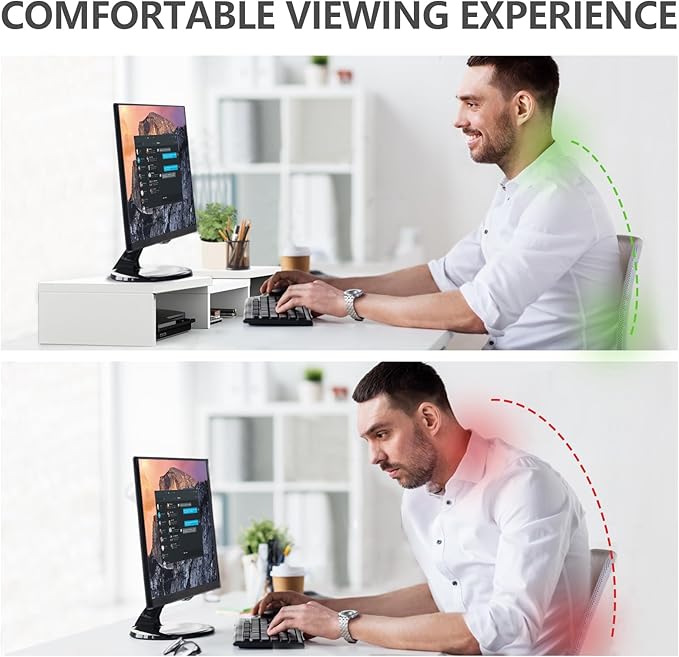 TAVR Dual Monitor Stand Riser, Wooden Computer Monitor Stand for 2 Monitors | Extra Long Multifunctional Desktop Organizer Riser for TV, PC Monitor, Laptop, Printer, Max 43.3" Length, White - Image 5