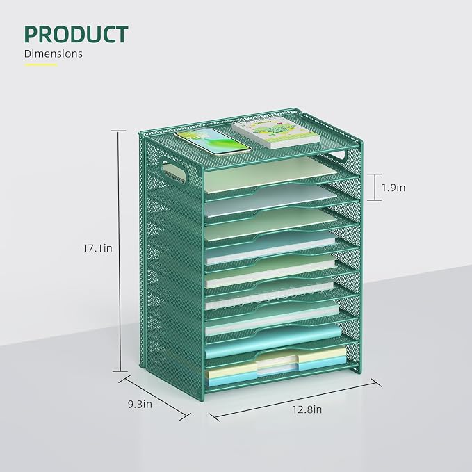 OUTWOLF 10 Tier Paper Organizer - Letter Tray Mesh Desk File Organizer with Handles for Office School Desktop, Green - Image 3