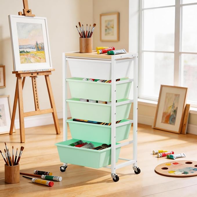Rolling Cart with 5 Drawers, Plastic Drawer Storage Carts with Wheels & Wooden Tabletop, Metal Utility Cart for Office Bedroom Living Room Classroom, Craft Organization and Storage, Green - Image 3