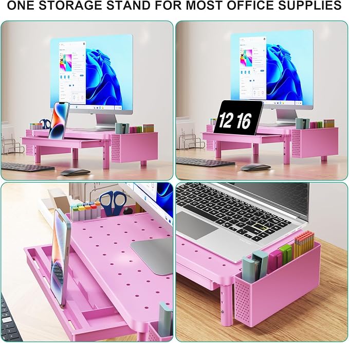 WALI Computer Monitor Stand with Storage, Desk Organizer with Drawer and Pen Holder, Desk Monitor Riser 3 Height Adjustable, Laptop Riser for Computer, Laptop, Printer (PTT003-P), 1 Pack, Pink - Image 4