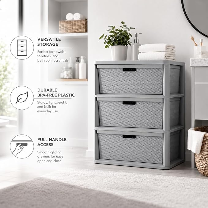 3-Drawer Storage Tower, Gray Woven Plastic Organizer with Pull Handles - Image 8