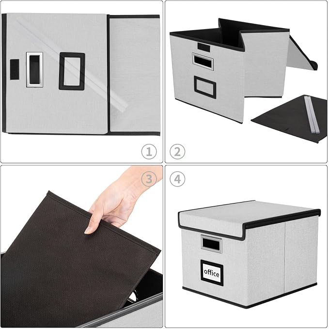 File Organizer Box with Lids, Collapsible File Folder Organizer | File Box with Plastic Slides for Document, Filing Bin for Letter Size Hanging File Folders (1 Pack, Light Gray) - Image 6