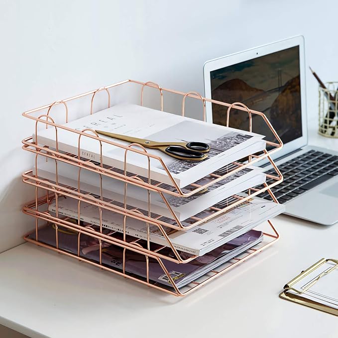 Jolitac Rose Gold 4-Tier Stackable Paper Tray Desk Organizer, Workspace Decorative Stacking Rack Supplies Holder, Metal Letter Trays for File Documents in Home & Office (Rose Gold) - Image 2