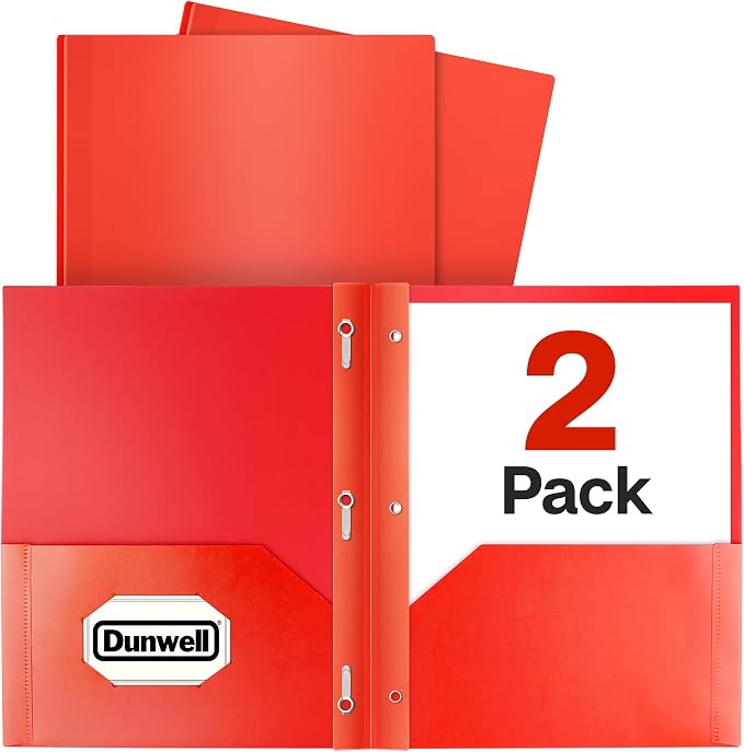 Dunwell Plastic 2-Pocket Folders with 3 Prongs, Red, 2 Pack, Poly | Cleanable, Tear-Resistant Acid-Free Poly, 3-Clasp Document Holder, Labels Included by Dunwell