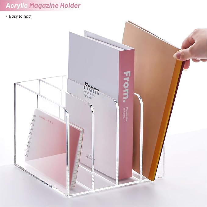 YUXUN Acrylic Magazine Holder,Clear Desk Organizer File Sorter for Notebook,Paper,Envelope,Magazine, Book Storage-Office/Home/Classroom Organization(4 Compartments,B5) - Image 6