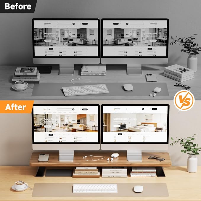 Dual Monitor Stand Riser, 39 Inch Large Wood Monitor Stands for 2 Monitors | Desk Monitor Riser for Computer/Laptop/Printer/TV, Stand Riser up to 220 lbs - Image 7