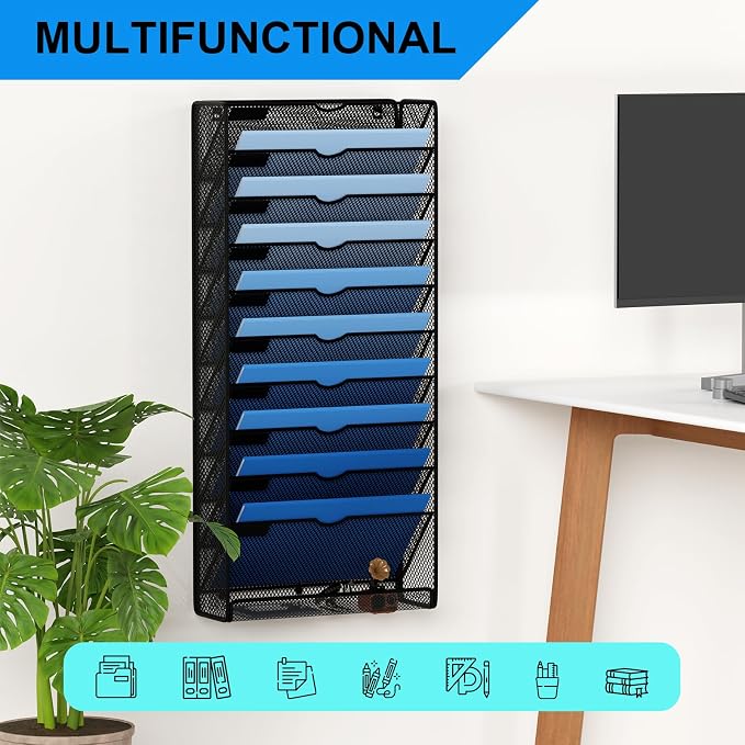 Hanging Wall File Organizer 10 Tier Wall Mounted File Holder Document Wall Organizer Magazine Organization for Office Home, Black - Image 6