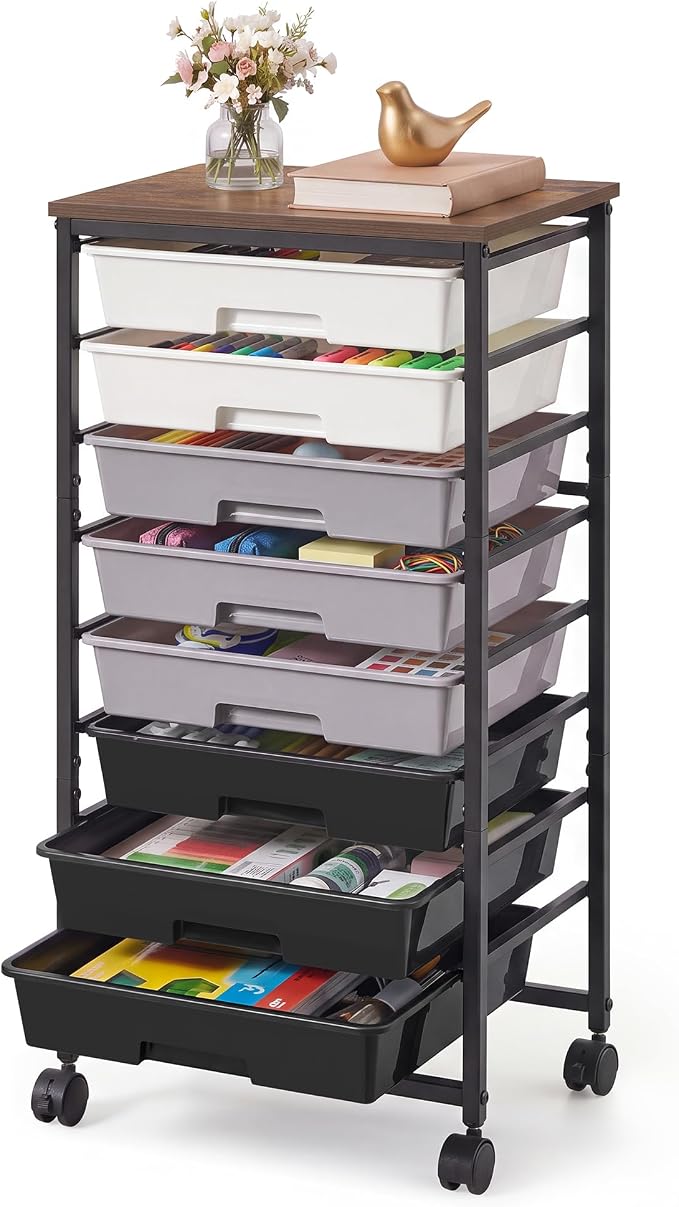 VASAGLE 8-Drawer Rolling Storage Cart, Utility Cart with Wheels and Wood Top, Craft Organizer for Office and Home, 15.6 x 11.2 x 30.1 inch, Black, BENCO Collection ULRC006B101 by VASAGLEbySONGMICSHOME
