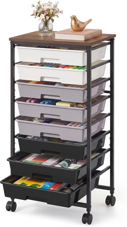 VASAGLE 8-Drawer Rolling Storage Cart, Utility Cart with Wheels and Wood Top, Craft Organizer for Office and Home, 15.6 x 11.2 x 30.1 inch, Black, BENCO Collection ULRC006B101 by VASAGLEbySONGMICSHOME
