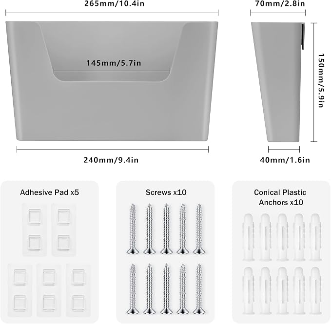 JOMOLA No Drilling File Holder 5 Pack Mail Organizer Wall Mount File Organizer Holder Office Wall Hanging Files Magazines Organizer Plastic Door Mount Wall Pocket with Adhesive Pad, Grey Color - Image 2