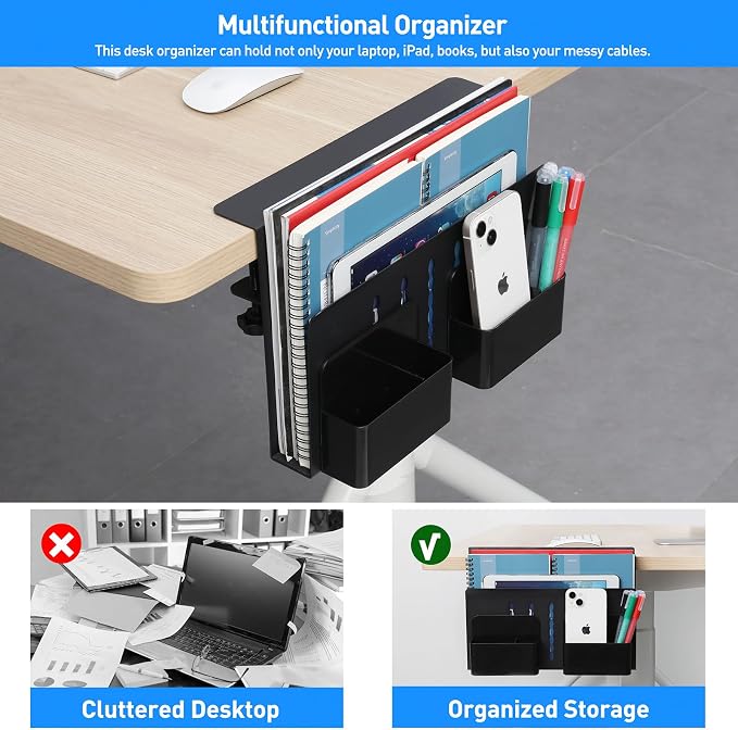 MAXECHO Desk Side Storage, Under Desk Laptop Mount, Table Side Hanging File Organizer, No Drill Clamp On Cable Management Tray, Laptop Holder with Magnetic Pen Holder for Office and Home, Load 22 Lbs - Image 3