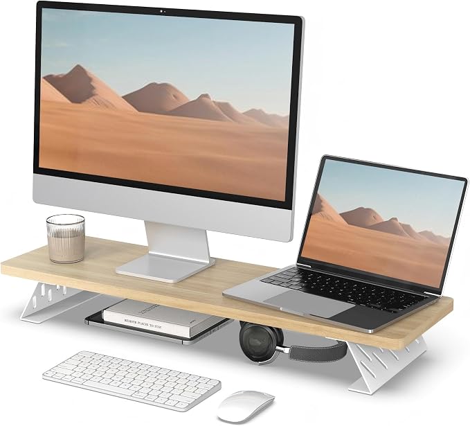 Fenge Monitor Stand Riser, Wooden & Metal Desk Shelf Organizer, Oak | 31.5in Computer Stand, Single Monitor Setup, for Compact Work Station, Multifunctional Monitor Shelf for Laptop, PC, Printer by Fenge
