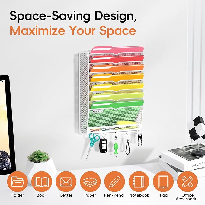 8-Tier Wall File Organizer with Hook, Hanging File Organizer White | Wall-mounted mail storage holds papers, folders, files, clipboards and magazines, assembly required for office or home use. - Image 4