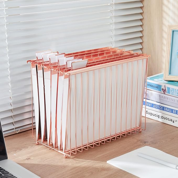 Y YOMA 1 Pack Rose Gold Desktop Hanging File Organizer | 12 Pack Rose Gold Pocket Hanging File Folders with Tabs & Insert | Letter Size Metal File Kit for Desk Home Office, I Shaped - Image 8