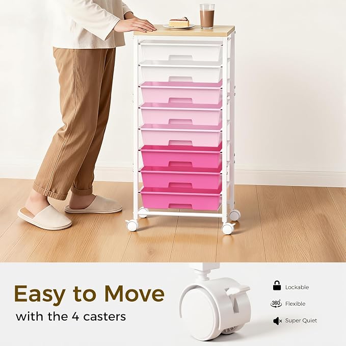Rolling Cart with 8 Drawers, Plastic Drawer Storage Carts with Wheels & Wooden Tabletop, Metal Utility Cart Organizer for Bedroom Living Room Office Classroom Craft Organization and Storage, Pink - Image 5