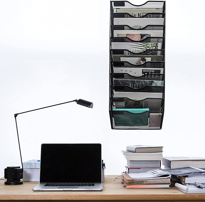 10 Pocket Mesh Hanging Wall File Organizer, Wall Mounted Mail Paper Document Folder Holder, Clipboard Storage Organization Magazine Rack with Nametag Label for Office Home School, Black - Image 3