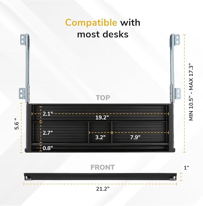 Mount-It! Under Desk Pencil Drawer | 21.25” W, Ball Bearing Slide-Out Organizer for Office Supplies, Paper & Pencils | Fits Desks Over 1” Thick, Adjustable Extension 16.25”–28” - Image 3