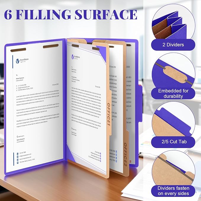 AmazingSpark 12 Pcs Legal Size Classification Folders 2 Divider, Bulk Pressboard File Folder with Expansion 2 Prongs Fastener Heavy Duty Office File Organizer for School Hospitals Home(Purple) - Image 3
